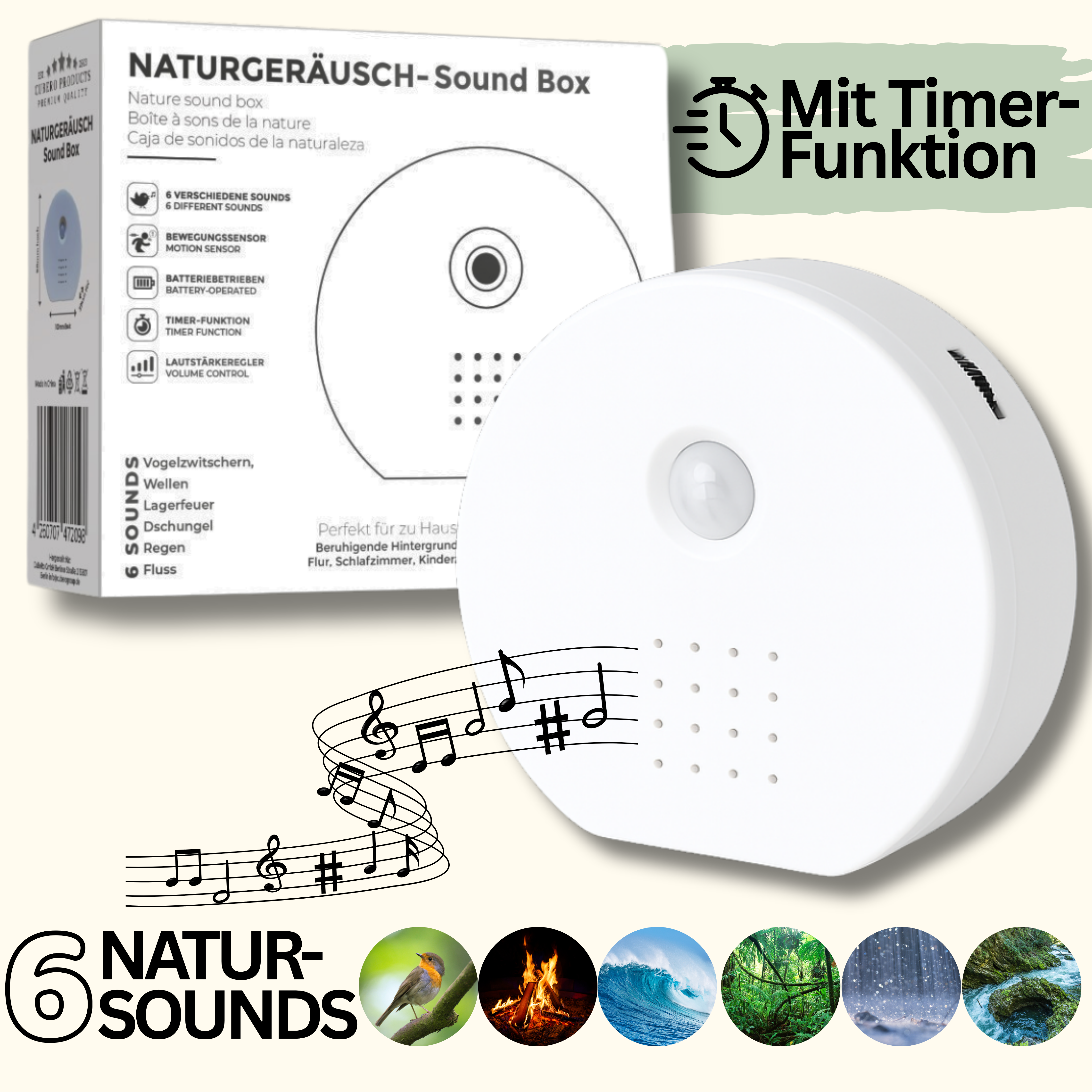 Naturgeräusche-Soundbox mit Bewegungssensor – 6 beruhigende Sounds, Timer & Lautstärkeregler, Zwitscherbox Vogelgezwitscher