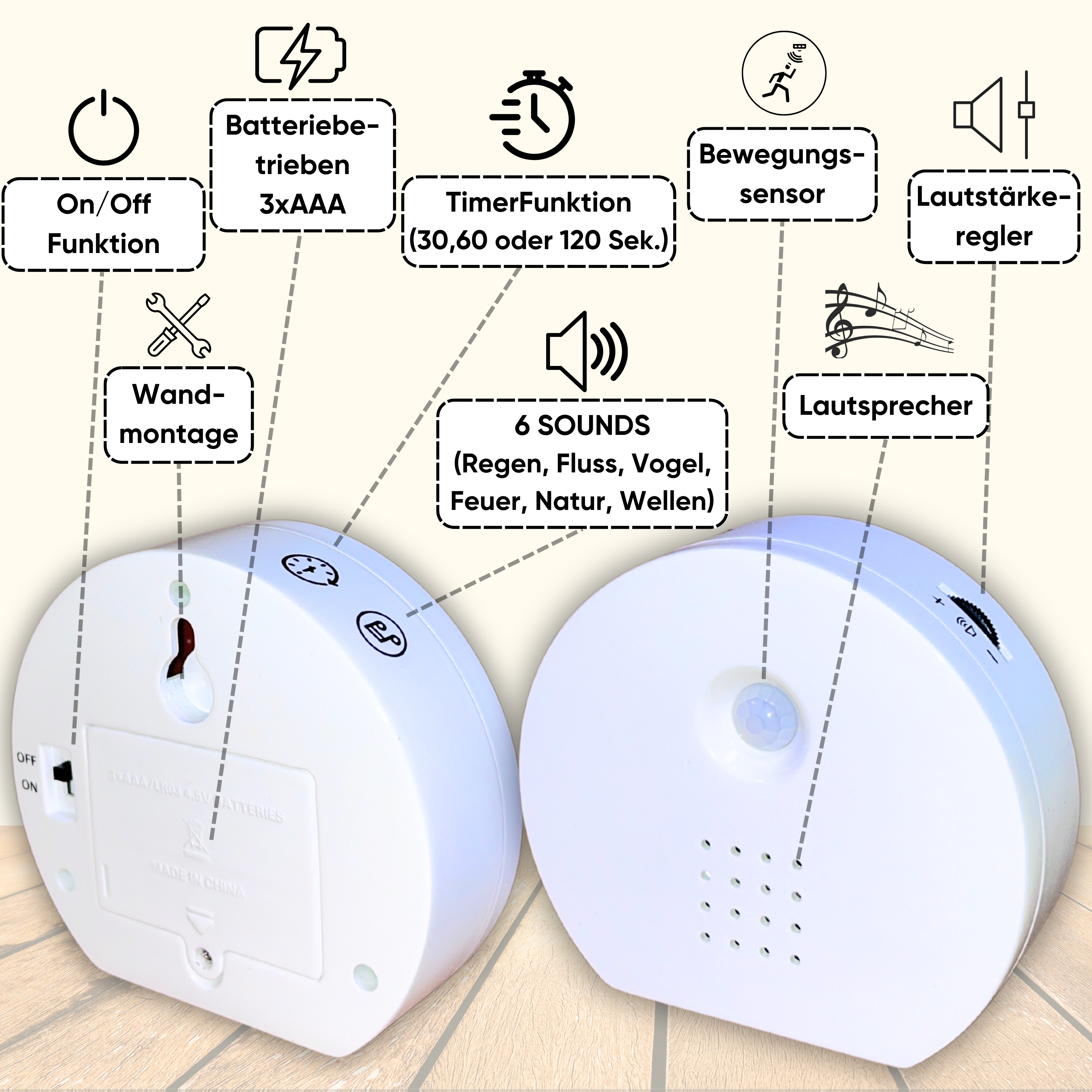 Nature sounds sound box with motion sensor – 6 soothing sounds, timer & volume control, bird chirping box